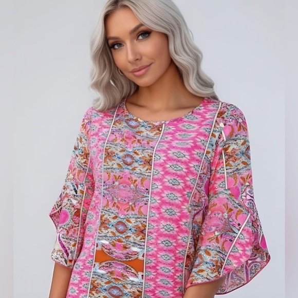 Tops - Boho Pink Floral Print Sleeve Blouse